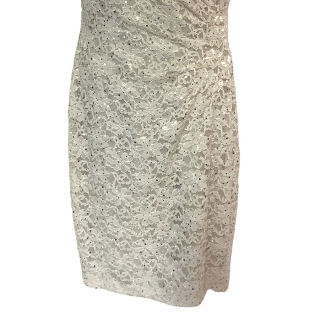 Connected Lace Sequin Side Pleat Ivory Knee Length Sheath Night Out Party Dress - Picture 10 of 16